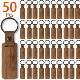 50st Rectangular Wood Keychains Blank Pu Leather Keyrings Wood Pendant Key Chain 240320