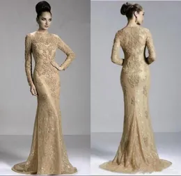 2020 Gold Sexy Langarm Juwel Abendkleid Reißverschluss Sweep Zug Formeller Abschlussball Mutter Kleider mit Spitze Perlen Perlenapplikationen Arab4932313