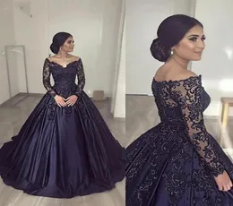 2020 novo luxo inchado quinceanera vestidos azul marinho rendas apliques mangas compridas vestido de baile vestido de baile plus size formal noite part7805798