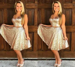 Sexy rosa de ouro lantejoulas curto vestidos de baile com decote em v duas peças formal cocktail vestidos de festa baratos glitter vestidos de noite na altura do joelho ho8759174