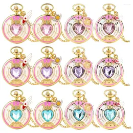 Pocket Watches Heart Shaped Pink/Purple/Blue Stone Gold Quartz Halsband Anime Student Girl Gift Elegant Charm Pendant Clock