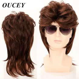 شعر مستعار Wigs oucey للرجال بالحرارة المقاومة للألياف الاصطناعية الشعر البارز الأسود البني البني الطبيعي