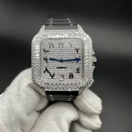 Dobra jakość męska mrożona diamentowa zegarek automatyczny diamenty srebrna obudowa 38,5 mm bagietka ramka arabska czarny gumowy pasek.