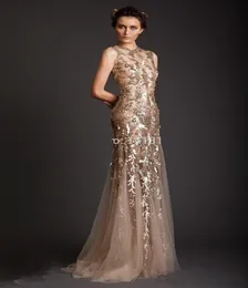 2019 Krikor Jabotian Neuankömmling Abendkleider Sexy Meerjungfrau Sheer Crew Gold Applikation Abendkleider Tüll Ballkleider3696016