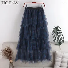 스커트 Tigena 91cm Maxi Plaid Tulle Skirt Women Fashion 2024 Spring Summer Multi-Layer Mesh Tiered High Waist Long Tutu Female