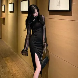 Ethnic Clothing Zwarte Chinese Elegante Jurk Voor Vrouwen Vintage Mandarijn Kraag Vrouwelijke Sexy Hoge Split Lange Mouwen Klassieke