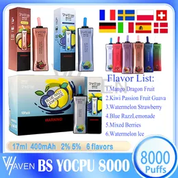 Authentischer BREZE STIIK Yocup 8000 Puff Einweg-E-Zigaretten-Vape-Stift mit wiederaufladbarem E-Juice-Akku mit 400 mAh, 17 ml Fassungsvermögen, 8000 Puffs, 6 verschiedene Geschmacksrichtungen