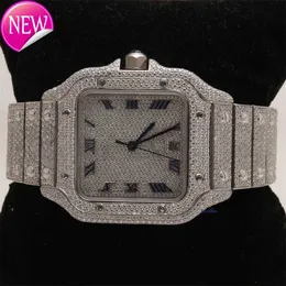 Relógios luxuosos com diamante personalizado Bling Big Face Mecânico Cinto de prata Iced Out Mens Bezel Tester Pass Vs Chrono com caixa Moissanite Diamond Watch HB-HW