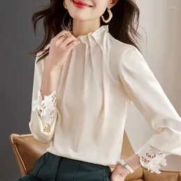 여성용 블라우스 우아한 패션 여성 시폰 셔츠 2024 한국 중공 출력 Ol Top Long Sleeve Pullovers Blouse