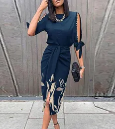 Casual Dresses Women Sexy Hollow Out Short Sleeve Party Dress Elegant O Neck Folds KneeLength Lacing Up Femme Bodycon1445654