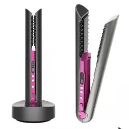 Alisadores de cabelo Alisador sem fio com base de carregamento Flat Iron Mini 2 em 1 rolo USB 4800mAh portátil modelador sem fio seco e otwqx