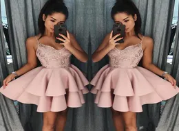 Dusty Rose Curto Homecoming Vestidos New Fall Spaghetti Straps A Line Layers Cocktail Dress Lace Lantejoulas Mini Prom Gowns3003014