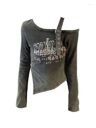 Magliette da donna Magliette di alta qualità Donna Primavera Estate Colletto obliquo Manica lunga Casual Crop Top Lettera Stampa Coquette Grey Tees Street