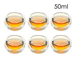 Zestaw 6 trwały 50 ml odpornej na ciepło podwójną warstwę ścienną herbatę Zdrowe eleganckie przezroczyste wodę kubek do picia Flower Tea Cups Glass Cureware LL