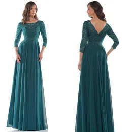 2024 Avcı Yeşil Gelin Gowns Mothers Illusion Women için Resmi Elbiseler Mücevher 3/4 Kollu Boncuklu Dantel Damat Düğün Evliliği için Ana Elbise AMM166