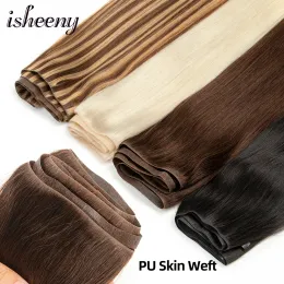 Extensions isheeny Flat Weft Human Hair Extensions Invisible PU Inject Hair Bundles Natural Blonde Micro Hair No Tape Glue 80100g 120cm