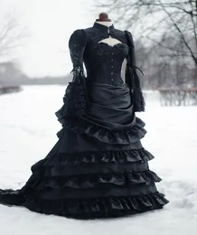 Vintage viktorianisches Hochzeitskleid, schwarzes Bustle, historische mittelalterliche gotische Brautkleider, Stehkragen, lange Ärmel, Korsett, Winter, Cosplay 4192947