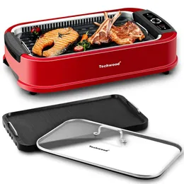 Techwood Indoor Less Grill, griglia elettrica e antiaderente da 1500 W con controllo della temperatura, vassoio raccogligocce rimovibile, copertura in vetro temperato, colore rosso