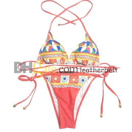 Fashion Print Bikini Set Contrast Color Halter Bra Swimwear Sexy Lace Up Thong Biquinis Quick Dry Padded Bathing Suit