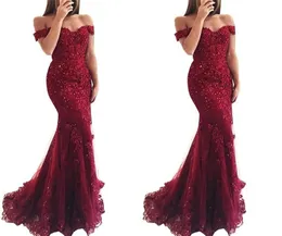 2019 New Burgundy Red Royal Blue Cheap Mermaid Prom Dresses Long Off Shoulder Beads Sequined Lace Applique Evening Party Wear Form9475907