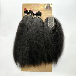 Pacote adorável afro kinky em linha reta uma solução de pacote, pacotes de cabelo sintético com 2*4 t parte fechamento de renda aconchegante ondulado 4pcs pacote