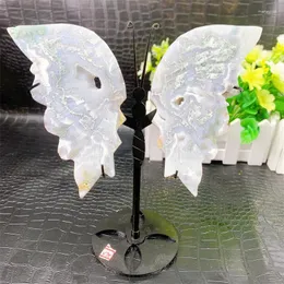 Estatuetas decorativas natural musgo ágata asas de borboleta cristal com suporte energia pedra preciosa reiki cura fengshui pedra casa decorar 1 par