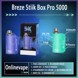 Orijinal Breze Stiik Box Pro 5000 Puflar Tek Kullanımlık Vape Toptan E Sigara 2% 5% 5 Kuvvet Şarj Edilebilir 850mAh 12ml Ön Doldurulmuş Pod Kartuşlar Mafer Kalemi