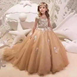 Prenses Kızlar Altın Pageant şeffaf Mücevher Boyun Kapağı Kolları Boncuklar Fırfırlar Uzun Çiçek Kız Elbiseler Özel Yapımlı Toddler Parti Gowns BC
