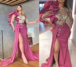 Projektant Fuchsia Prom Sukienki z iluzją długie rękawy Tiul Tiul Train Train Koronka syrenka wysoka podzielona niestandardowa wykonana plus rozmiar Eveni6957636