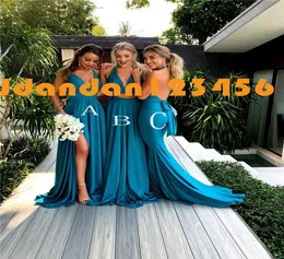 TEAL BLUE V Neck Long Bridesmaid Dress 2020 Backless Two Piece Sweep Train Wedding Gästklänningar Enkel split promklänningar Maid of H6491113