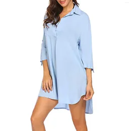 Vestidos casuais feminino verão sexy solto cor sólida lapela três quartos manga vestido moda feminina maiô cobrir ups camisas