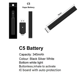 Manufacturer Direct Supply C5 Bud Touch Battery 10.5mm Buttonless Auto Activated Vape O Pen 345mAh for 510 Cartridge Battery with Bottom Indicator Light Fast Ship
