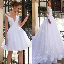 Beach Short Wedding Dresses 2 in 1 with Sleeves Lace Applique Vestido de Noiva Floor Length Tulle Princess Bridal Gown Wedding Dre233I