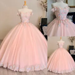 Ljusrosa söt 16 quinceanera klänningar 3d applikation pärlor swerheart nack korsett vestidos de 15 bollklänning special tillfälle klänning