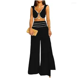 Womens Two Piece Pants Spring Top Set Commute Two-Piece Stylish Crop With Low-Cut V Neck High Waist Wide Leg Cottes Drop Delivery Appa Othe8