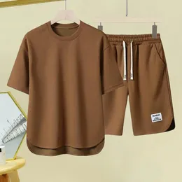 Męskie dresy 2PC/set mężczyzn Summer Casual Strout o Neck z krótkim rękawem T-shirt elastyczne sznurowanie talia szerokie nogi szorty set Activewear