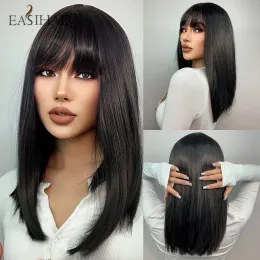 Wigs EASIHAIR Straight Black Wigs with Bang Medium Long Natural Synthetic Cosplay Hair Wig for Women Daily Party Heat Resistant Fiber