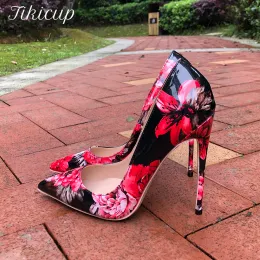 Buty Tikicup Kobiety Gloossy Floral Printed Winted Stop High Heels 8cm 10cm 12cm Damowe sukienki dla kobiet