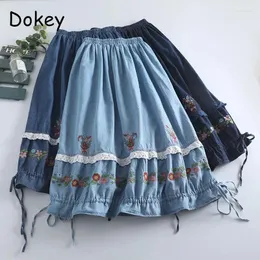 Юбки винтажная синяя джинсовая юбка с цветочной вышивкой женская японская мори девушка рюшами трапециевидной формы на шнуровке летняя повседневная миди Faldas Mujer