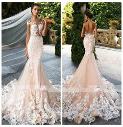 2020 Sheer korta ärmar Slim Mermaid Wedding Dresses Spets Applicques Backless Gorgeous Bridal Clows Formal Long Custom Vestidos DE7246134