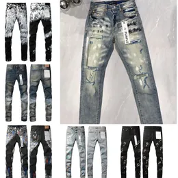 Mäns jeans herr designer jeans lila jeans vandring byxa rippade hip hop high street märke motorcykel broderi nära passande smala penna byxor