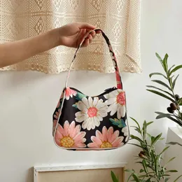 Totes Fashion Flower Pattern Women Baguette Handbags Vintage Ladies Canvas Armpit Shoulder Bags Girls Hobos Clutch Purses Small Tote