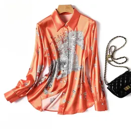Satin Tryckt kvinnors skjortor Summer Loose Vintage Bluses Långa ärmar damkläder Silkkvinnor Toppar Ycmyunyan 240320