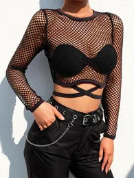 Camiseta feminina sexy malha goth manga longa camisa feminina oco transparente fishnet topos verão casual streetwear roupas