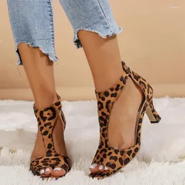 Klänningskor Leopard High Heels Woman Open Toe Sandals Sexig 2024 Summer Fashion Stilettos Party Pumpar Zapatillas Mujer Slides