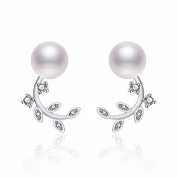 Stud Earrings 925 Silver Needle Trendy Leaf Imitated Pearl Crystal Statement For Wome Girls Anniversary Gift Fashion Jewelry