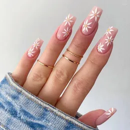 False Nails White Flower Pink Full Finished Almond Fake Art Set Glue Summer Stylist Supply Manicure Professional Material Woman