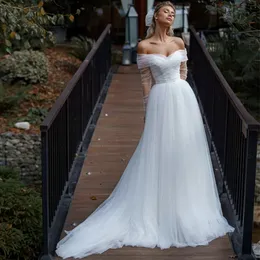 A Simple White Tulle Line Wedding Dresses With Detachable Wrap Off The Shoulder Long Sleeves Pleats Sweetheart Boho Bridal Gowns Sweeart