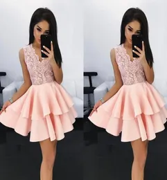 Light Pink Lace Beaded Short Prom Dresses Two Layers Skirt Vneck Hollow Back Cheap Homecoming Dress Cocktail Party Evening Gowns 6808243