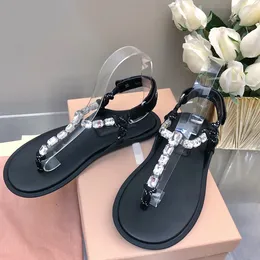 Crystal Empelled Sandals Summer Leather Slippers Flip-Flops Beach Shoes Clip Toe Sandaler Casual Shoes Flat Comfort Fashion Trend Designer Factory Shoebox